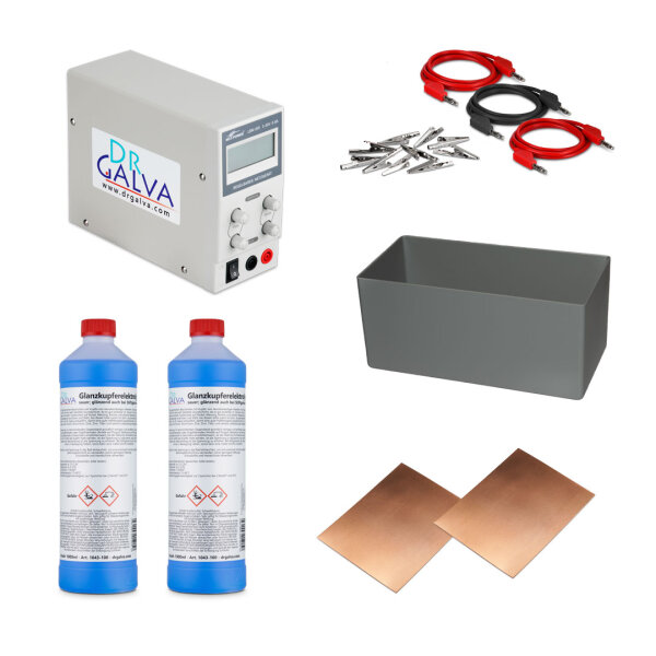 Glanzkupfer-Set - Komplettset zum Verkupfern für Badgalvanik mit 3A-netzteil + 2l Elektrolyt