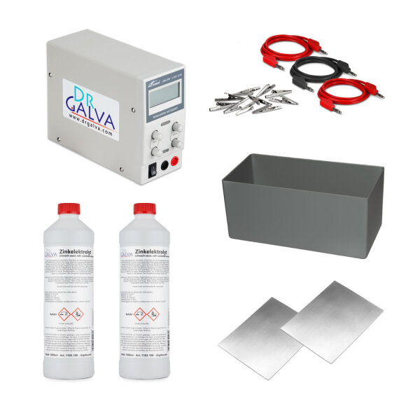 Zink-Set - Komplettset zum Verzinken für Badgalvanik mit 3A-Netzteil + 2l Elektrolyt