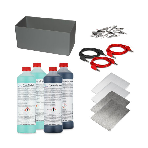 Chrom + Nickel-Set - Komplettset zum Verchromen für Badgalvanik ohne Netzteil + 2x2l Elektrolyte