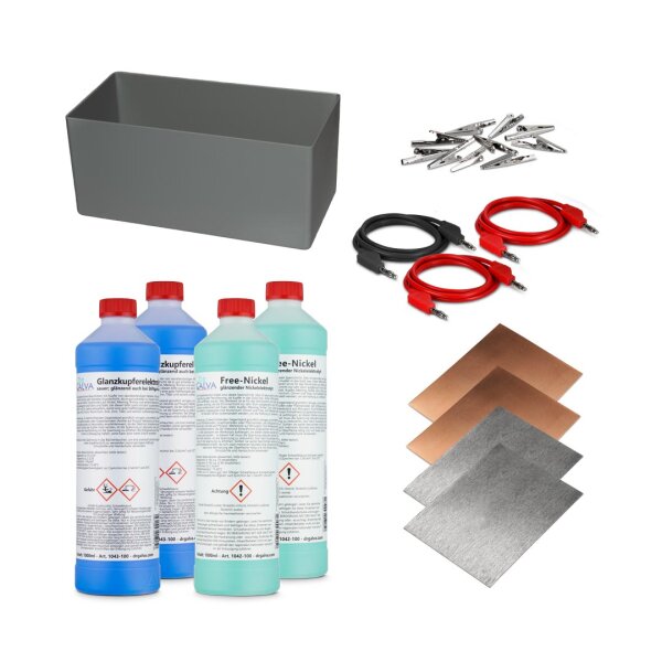 Glanzkupfer + Nickel-Set - Komplettset zum Verkupfern und Vernickeln für Badgalvanik ohne Netzteil + 2x2l Elektrolyte