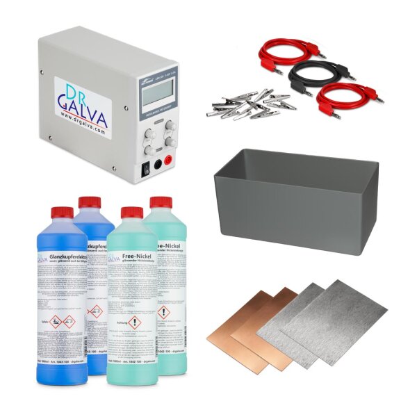 Glanzkupfer + Nickel-Set - Komplettset zum Verkupfern und Vernickeln für Badgalvanik mit 3A-Netzteil + 2x2l Elektrolyte