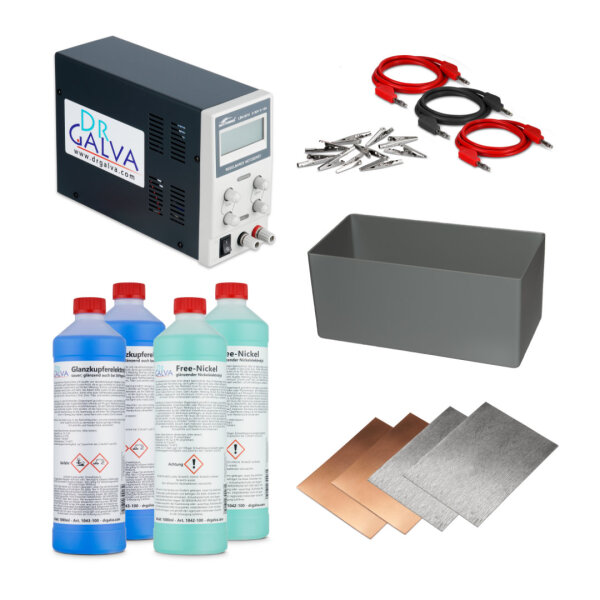 Glanzkupfer + Nickel-Set - mit 10A-Netzteil + 2x2l Elektrolyte